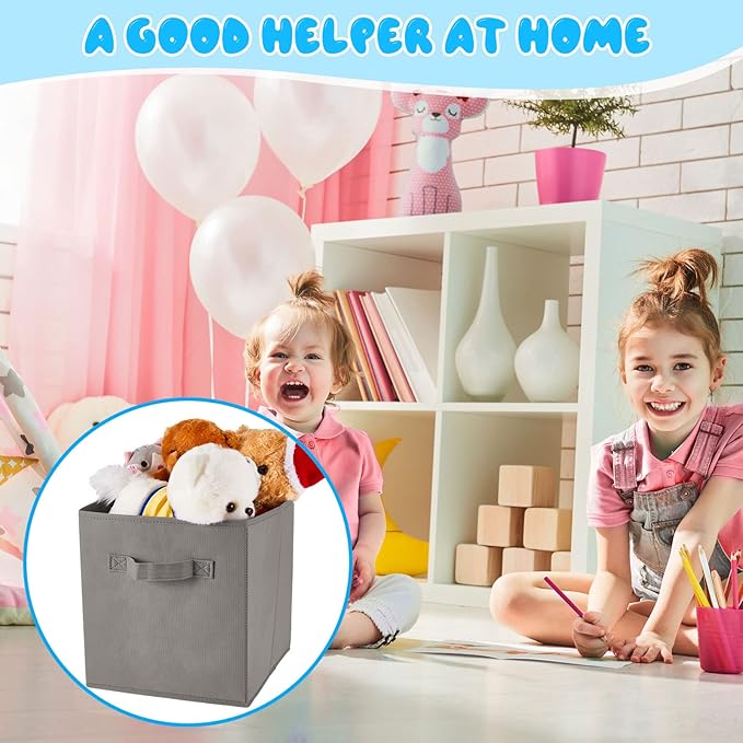Yinder 12 Pcs Cube Storage Bin Grey 11'' Storage Bins for Playroom Decor Colorful Bins for Kids Foldable Baskets for Nursery Organizer Boxes Fabric Boxes