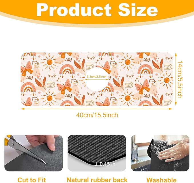 2 Pack Cute Rainbow Sink Splash Guard Faucet Mat Boho Rainbow Butterfly Super Absorbent Fast Drying Mat Sink Gadgets-Splash Guard Behind Faucet Drip Catcher for Kitchen Bathroom, 15.5"x5.5"