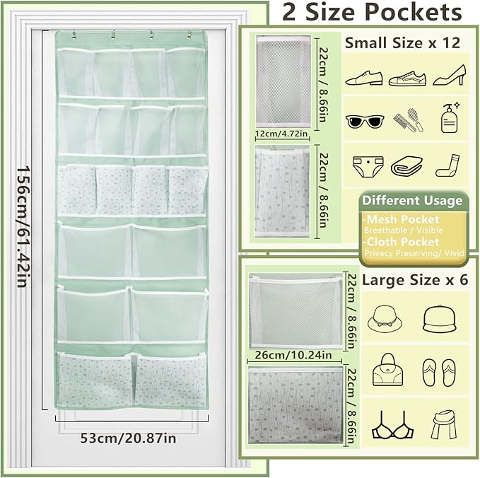 2 Pack-18 Pocekts Over the Door Shoes Organizer,Behind Door Hanging Storage Pocekt for Sock,Underwear,Hat,Handbag,Back of Door Hanging Shelf for Bedroom,Bathroom,Entryway,Storeroom,Pantry,Dorm,Nursery