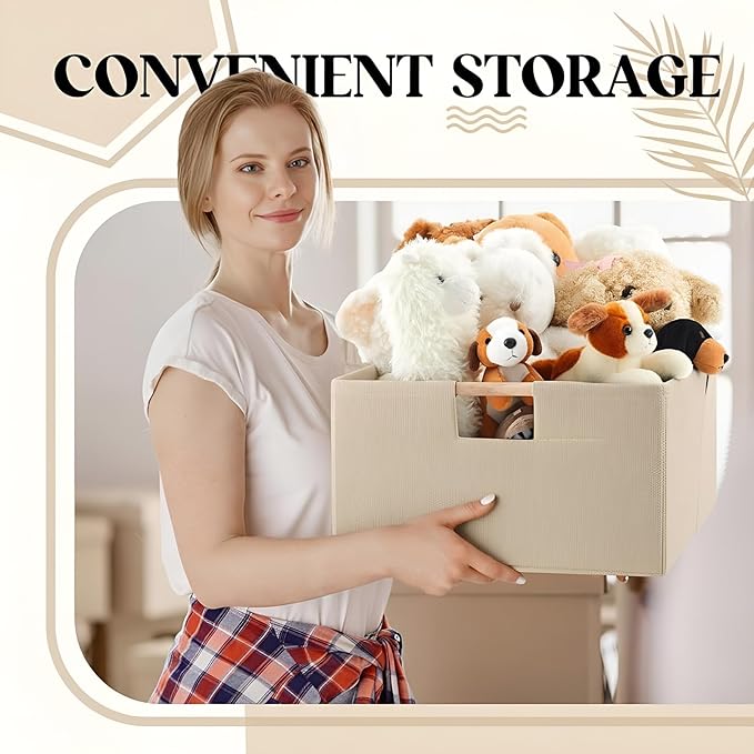 3 Pack Fabric Storage Bins for Closet Shelves, Rectangle Wardrobe Organizer with Handle, Collapsible Shelves Storage Basket for Sorting Clothes and Toy (Beige,15 x 10.6 x 6 Inch)