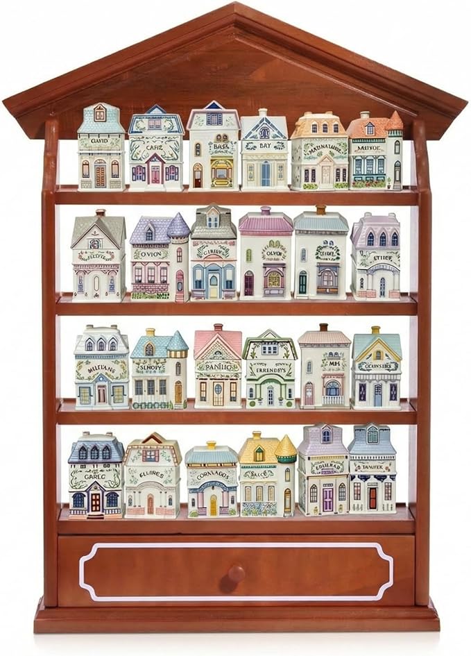 Chunful Vintage Spice Village Wooden Rack 22 x 17 x 4 Inches with 4 Shelves and Drawer for Wall Mounting Kitchen Storage Spice Village Display Shelf for 24 Jars, Shelf Only (Brown, Classic)