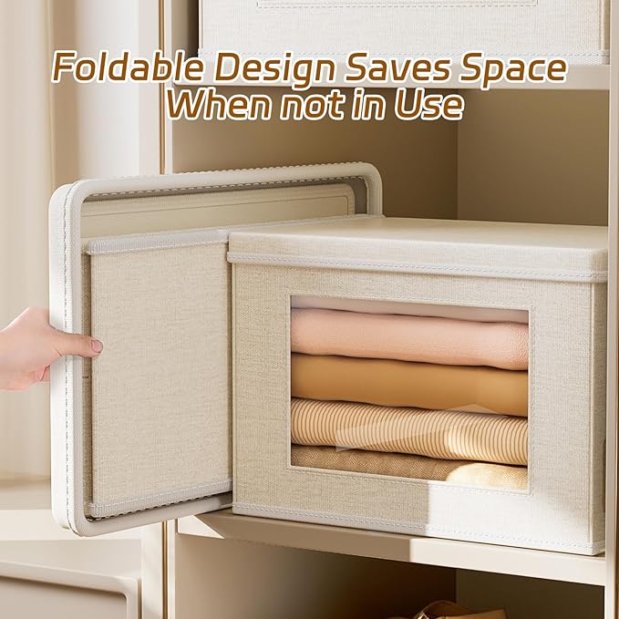 4-Pack Fabric Foldable Storage Bins Closet Storage Box with Window Decorative Storage Bins with Lids for Clothes, Closet, Books, Living Room, Beige, 15“ x 9.8” x 9.8"