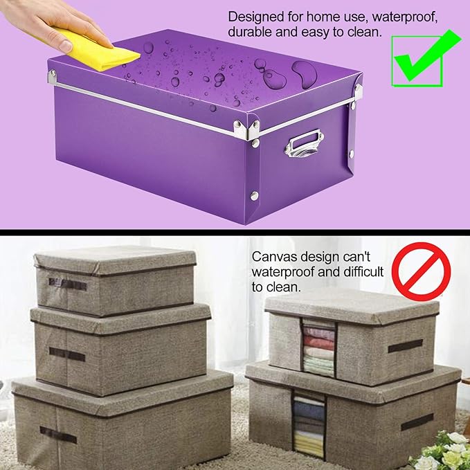 SEEKIND Storage Box, Decorative Storage Bins with Lid,3 in 1 Set,Press-Stud Fastening,Moisture-proof,Foldable for Space Saving Storage,for Clothes, Cosmetic,Blankets (Purple)
