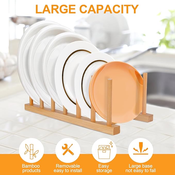 Bamboo Wooden Dish Racks Plate Stand Holder Vertical Drainer Kitchen Cabinet Organizer for Dish, Pots, Lids, Bowls, Cups, and Cutting Boards and Books(2 Packs)