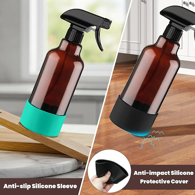 Glass Spray Bottles with Silicone Sleeve, 2 Pack 16 oz Refillable Containers with Adjustable Spray Nozzles, Empty Bottle Spray for Cleaning Solutions, Hair, Plants (Black+Green)