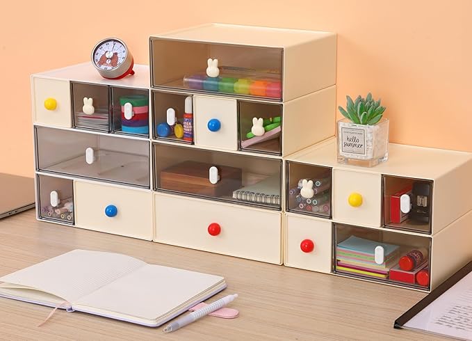 Desktop Storage Drawers, Plastic Desk Organizer with 3 Drawers, Modular Stackable Toolbox Units for Office Stationary, Makeup Container, Bathroom Countertop (1 Tall Layer, Cream)