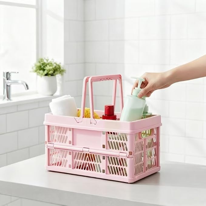 Pink crates for storage,plastic baskets for organizing,14.96" x9.84"x 7.87" collapsible shopping basket,20L foldable crate with Handles,Car Milk Dairy crate for Kitchen,Bathroom,school,office