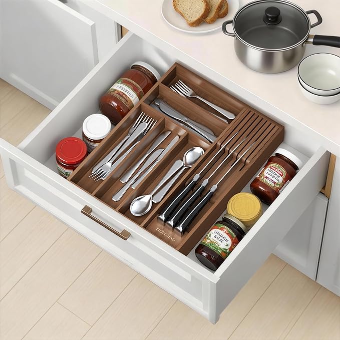 Small-Bamboo-Silverware-Drawer-Organizer, Expandable Utensil Kitchen Cutlery Tray Flatware Organization Wood Tableware Dividers Storage (with Removable Knife Block)(Brown)