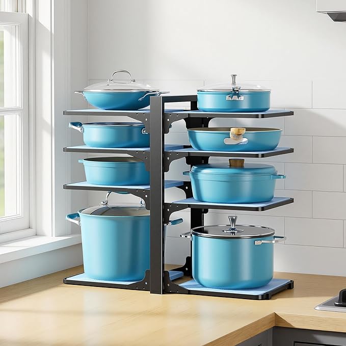 LAMU Pots and Pans Organizer under Cabinet, 8-Tier Heavy Duty Pan Organizers inside Cabinet, Adjustable Pot Rack for Small Kitchen Storage, 15" Height Holds Cast Iron Pans and Skillets Black