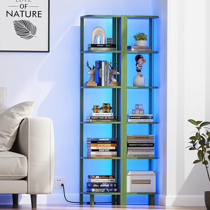 TUTOTAK Corner Shelf with LED Light, 6-Tier Corner Bookshelf for Small Space, Narrow Display Corner Shelf Stand with Storage Rack, for Living Room, Bedroom, Olive Green BS08BOG006L