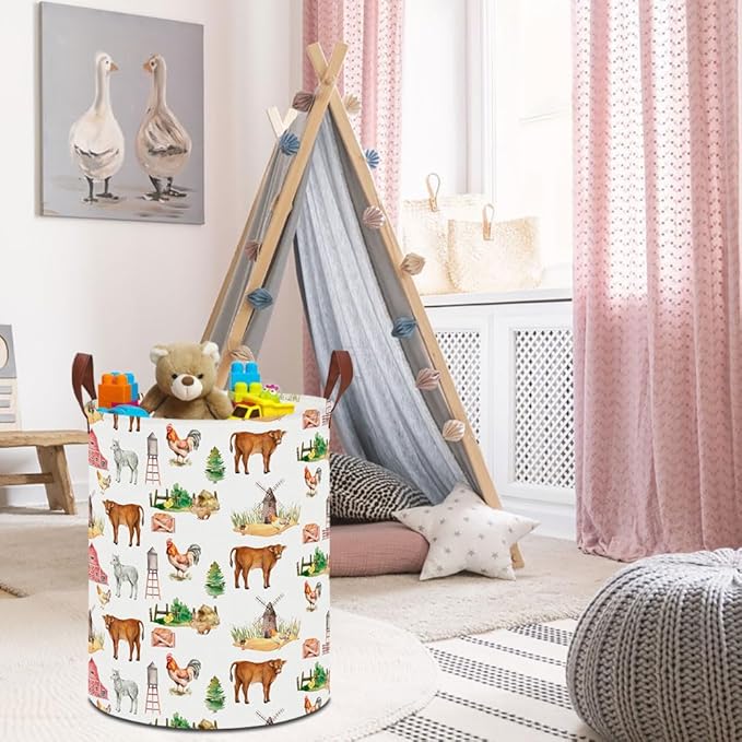 19.7" Laundry Basket,Kids Dirty Clothes Hamper,Waterproof Toys Storage Bin,Room Decor,Gift Baskets,Nursery Hamper(Farm)