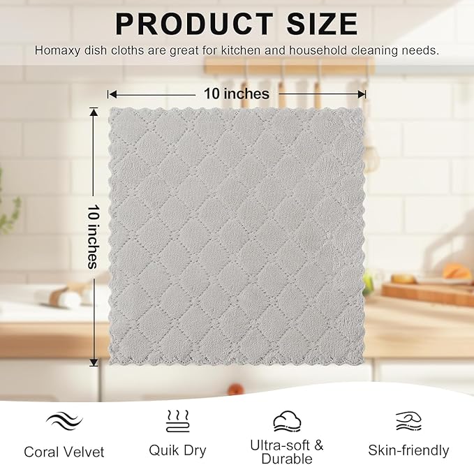 Homaxy 24 Pack Kitchen Dish Cloths (10 x 10 Inches, Grey), Super Soft and Absorbent Coral Velvet Dish Towels, Nonstick Oil Fast Drying Microfiber Cleaning Cloth, No Lint Household Dishcloths