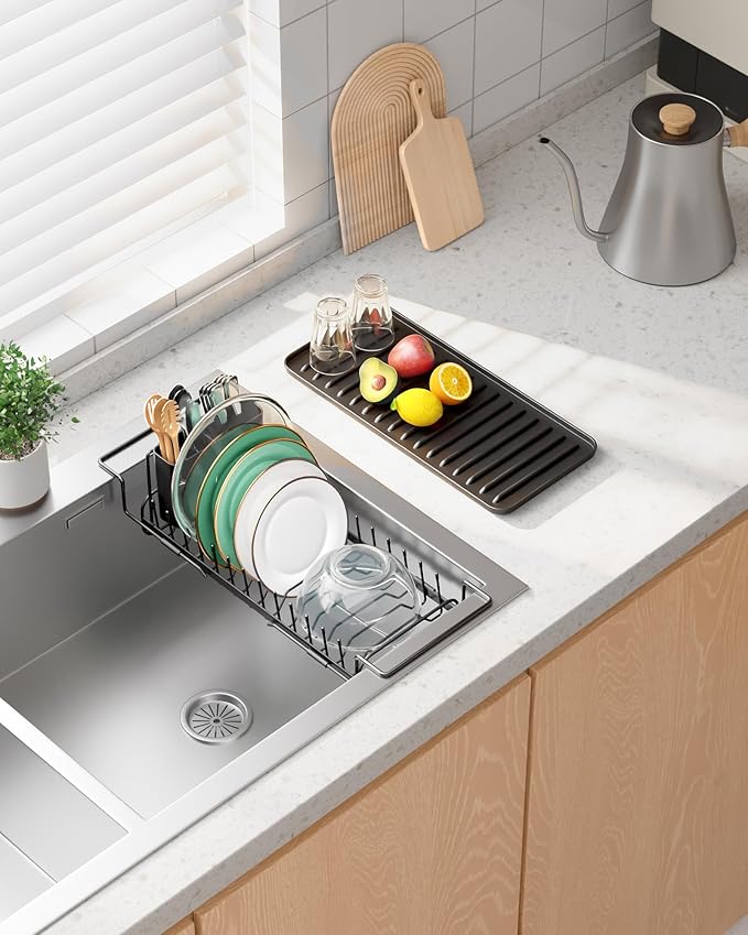 Kitsure Dish Drying Rack - Expandable Dish Rack for Kitchen Counter, Over Sink Or in Sink, Space-Saving Plates Dryer with Cutlery Holder & Drip Tray, 14.0"-20.9" L x 6.3" W x 8.0" H, Black