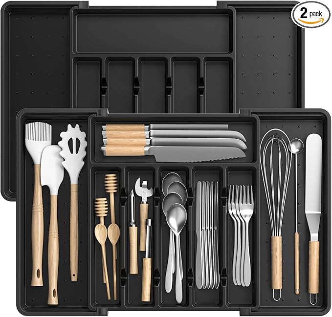 Large Silverware Organizer,Expandable Utensil Drawer Organizer,BPA Free Utensil Holder,Adjustable Silverware Tray Cutlery Drawer Organizer for Kitchen Flatware,Large,Black,2 Pack