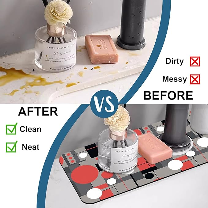 Abstract Geometric Sink Faucet Absorbing Mat Vintage Tile Super Absorbent Fast Drying Mat Sink Gadgets Behind Faucet Sinkmat for Kitchen Bathroom, 15.5"x5.5"