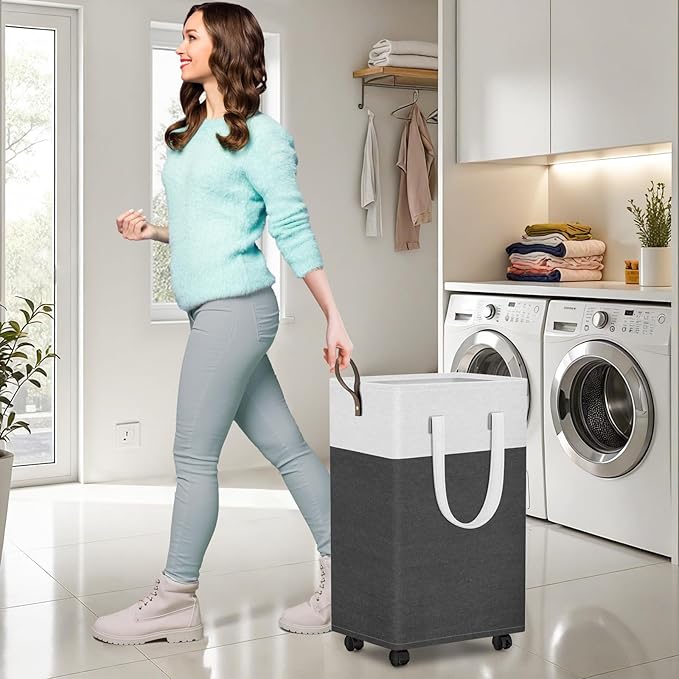 HomeHacks 75L Waterproof Rolling Laundry Hamper - Collapsible Clothes Basket with 4 Wheels for Bathroom, Laundry Room & Dorm, Easy-Clean PEVA Lining, Space-Saving Design(Gray)