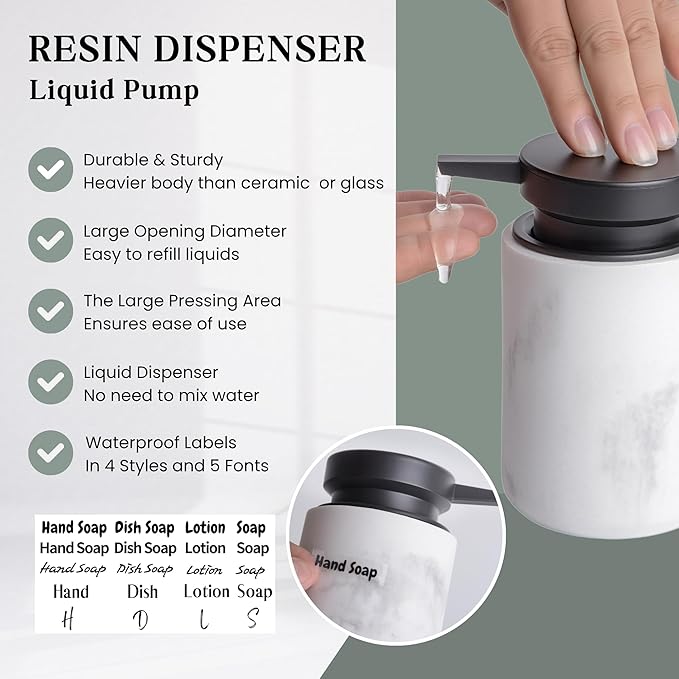 Liquid Soap Dispenser with Easy-to-Press Pump, 10 oz Refillable Hand Soap Dispenser with Extended Spout for Bathroom Kitchen Dish Lotion, Modern Stone Texture (White)