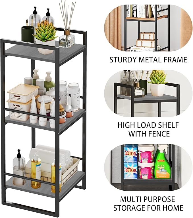 BYFU 3 Tier Bathroom Storage Open Shelf, Freestanding Metal Corner Storage Rack Shelving Unit for Bathroom Kitchen Living Room Hallway, Grey