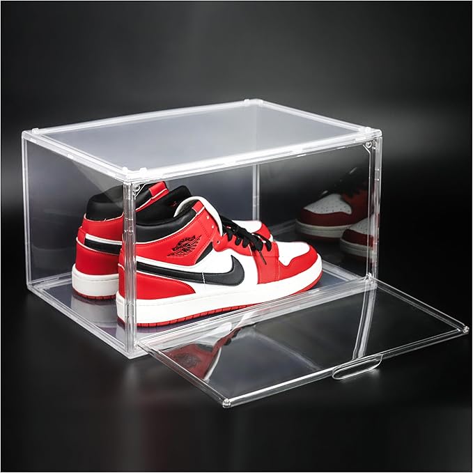 2 Pack Plastic Shoe Storage Boxes Fit US Size 13, Clear Stackable Shoe Display Case with Magnetic Acrylic Door, Shoe Containers for Sneaker Storage, Hats, Figure, Collectible