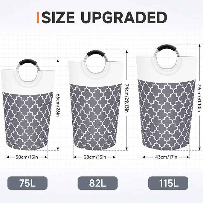 Large Laundry Basket Laundry Hamper Bag Washing Bin Clothes Bag Collapsible Tall with Handles Waterproof Travel Bathroom College Essentials Storage for College Dorm, Family (Grey) 82L