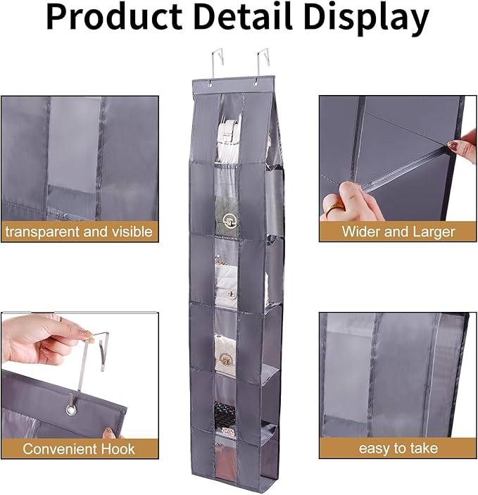 Over The Door Purse Organizer, 6-Pocket Hanging Storage for Handbags, 62.2x10.24 Inch, Space-Saving Closet Organizer with Metal Hooks, Gray (Light Gray)