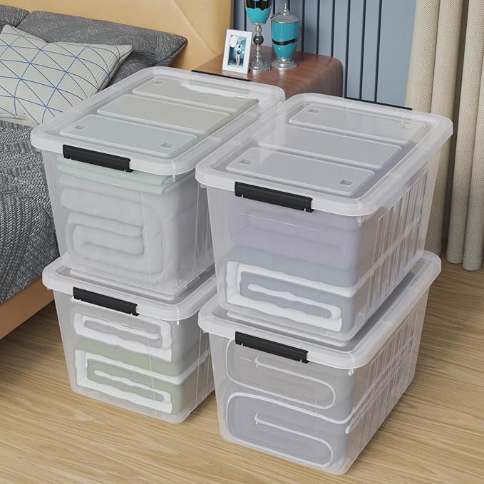 Ewingger 70 L Large Clear Storage Boxes, 4-Pack Plastic Storage Bins with Lids and Wheels