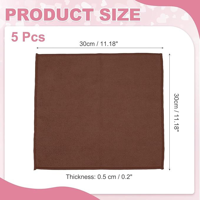 uxcell 5 Pcs Microfiber Cleaning Cloth, Kitchen Towels Reusable Microfiber Towels Highly Absorbent for Household Cleaning Supplies, Kitchen, Bathroom, Brown(Square), 11.8" X11.8