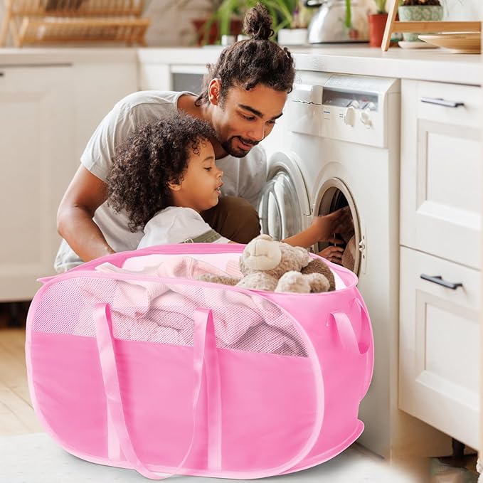Collapsible Laundry Baskets, Tear Proof Pop Up Laundry Hamper with Dual Handles, Durable Foldable Laundry Basket, Easy to Carry Laundry Hamper for Home, Laundry Room, Bedroom, Dorm, Travel Pink