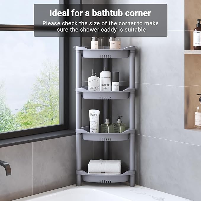 ELYKEN 4 Tier Shower Caddy Organizer Shelf Corner, 14.4 x 11.2 x 31.5 Inches, Rustproof, Plastic Shower Rack Stands for Inside Bathroom, Bathtub, Shower Pan, Grey