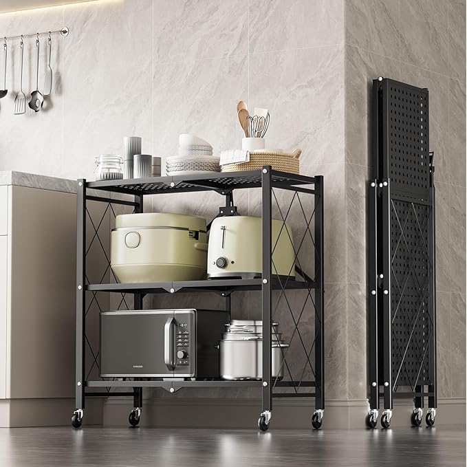 HealSmart Heavy Duty 3-Tier Foldable Metal Rack, 14.96" D x 27.95" W x 34.25" H Storage Shelving Unit 750 lbs with Wheels Moving Organizer Shelves for Garage Kitchen, Black, 2 Pack
