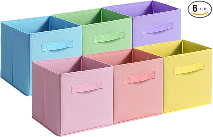 Fabric Storage Bins - 6 Pack Collapsible Cube Organizer for Closet, Shelves & Living Space, Pastel & Dark Color Options - Foldable Storage Boxes with Handles for Clothes (Pastel Colors, 11 inch)