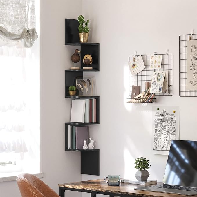 VASAGLE Corner Shelf Wall Mount, 5-Tier Floating Corner Bookshelf, Plant Shelf for Bedroom, Living Room, Bathroom, Home Office, Ink Black