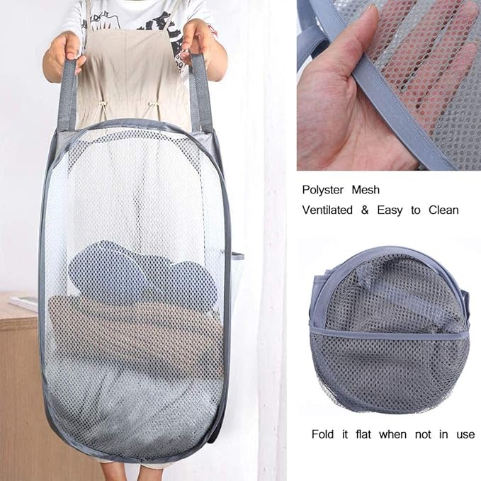 Mesh Pop up Laundry Hamper, Collapsible for Storage, Portable Folding Pop-Up Clothes Hamper Laundry Basket for Home Room, College Dorm or Travel, Grey
