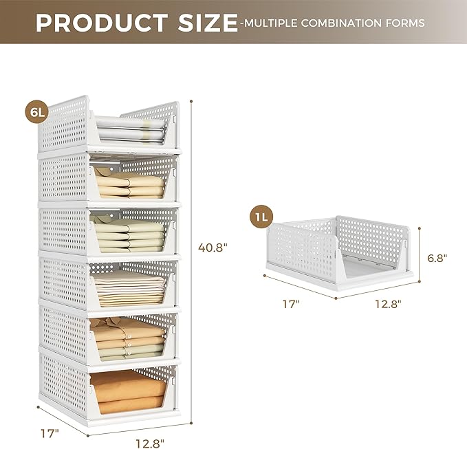 Pinkpum 6 Pack Closet Organizers Storage Bins, Stackable Plastic Drawer Basket for Clothing, Stackable Storage Bins Shelf Storage Container for Closet Wardrobe Bedroom Bathroom Office White