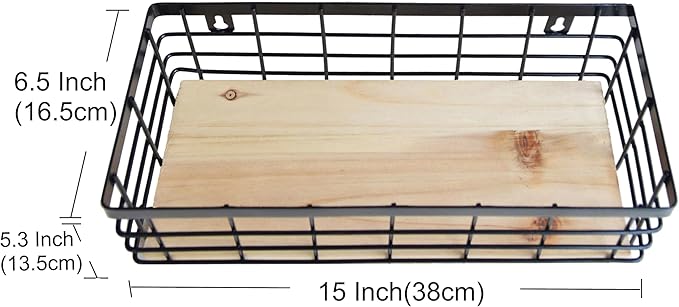 Metal Wire Basket Detachable Wood Base Storage Organizer Farmhouse Hanging Basket for Kitchen Cabinets, Bathroom, Pantry, Laundry Room,1 Pack in Black Color,Size Big