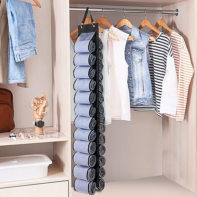 Legging Organizer Storage - 2PCS T Shirt Organizer, Hanging Closet Organizers and Storage with 26 Roll Independent Compartments for Yoga Pants, Towel, Bathing Suit (Black)