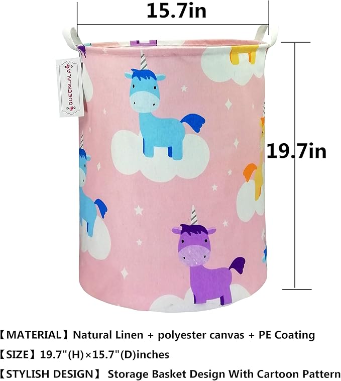 QUEENLALA Large Storage Basket,Laundry Hamper/Bathroom/Home Decor/Collapsible Round Storage Bin,Boys and Girls Hamper/Boxes/Clothing(Pink Unicorn)