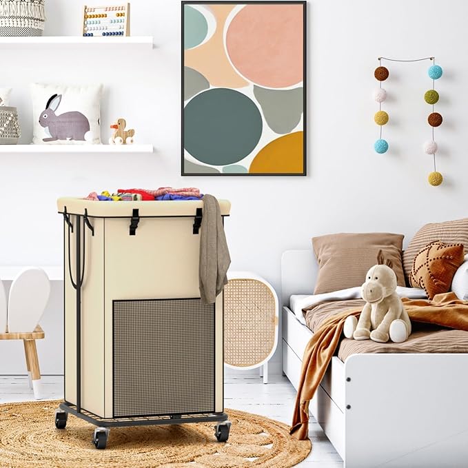 150L Large Laundry Hampers, Oxford Fabric Laundry Hampers Clothes Hampers, Metal Frame and Removable Bag Design with Wheels, Suitable for Bedroom, Bathroom, Dorm Room, Laundry Room (White)