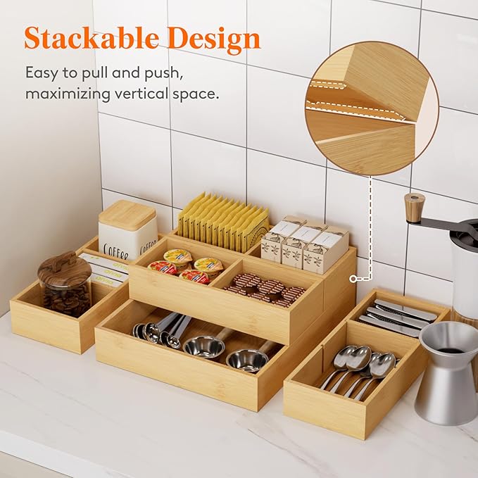 Lifewit Drawer Organizer 15 Pack(33 Grid) with 18 Inserts, Wooden Adjustable Desk Drawer Divider Trays, Storage Bins for Makeup, Kitchen Utensils, Vanity Accessories in Office/Bathroom/Bedroom