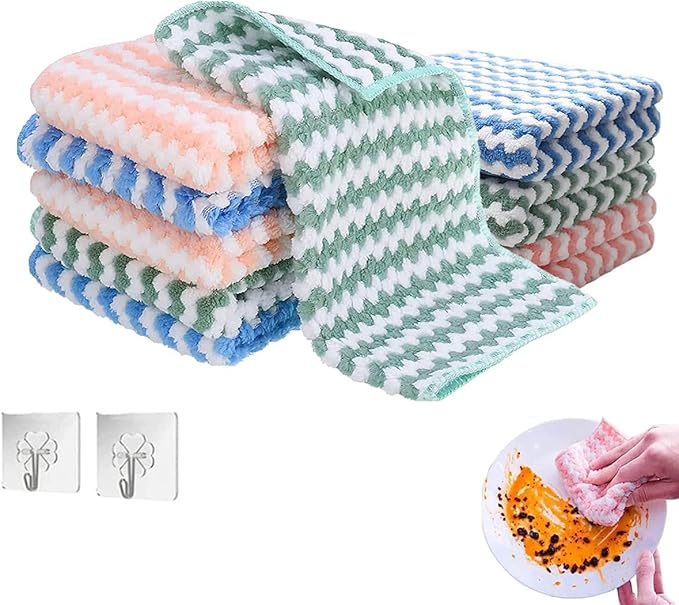 Coral Fleece Striped Rag Cleaning Dish Cloth, Circulatik Microfiber Cleaning Rag, Non Stick Oil Fast Drying Reusable Washable Towels (10PCS)