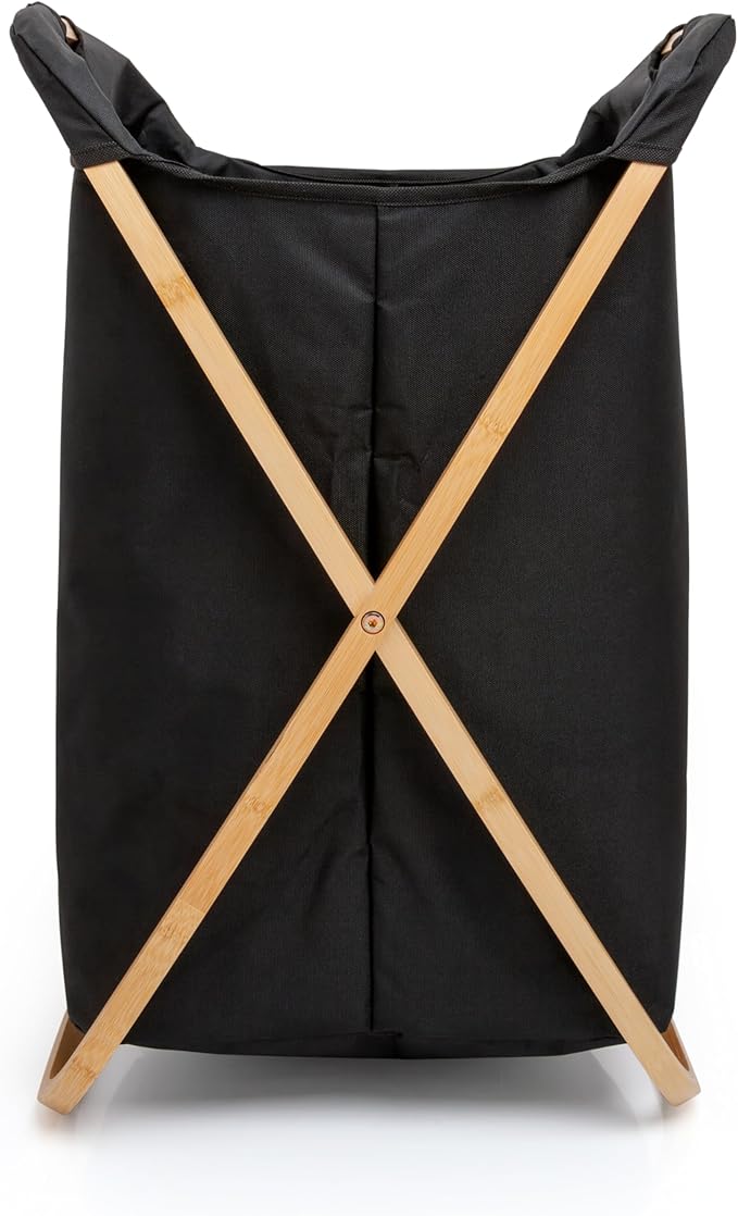 QUALIAZERO 72L Bamboo X-Frame Laundry Hamper – Foldable Single Section Clothes Basket with Removable Bag & Bottom Handle, Ideal for Bathroom, Bedroom, or Dorm (ONYX BLACK, X-FRAME)