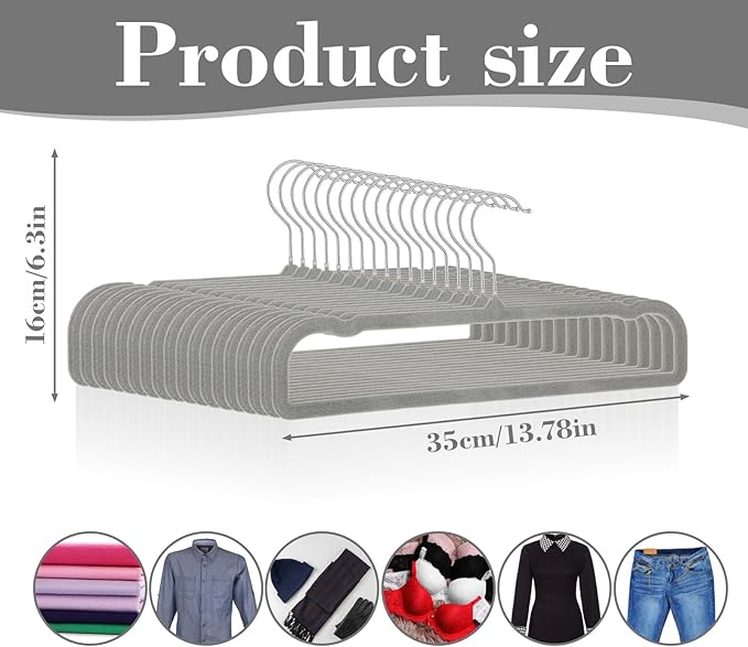 Velvet Pants Hangers Non Slip 20 Pack Plastic Velvet Pant Hangers, Rectangular Slim Velvets Hanger with 10 Hooks for Jean, Bra, Shorts (Grey)