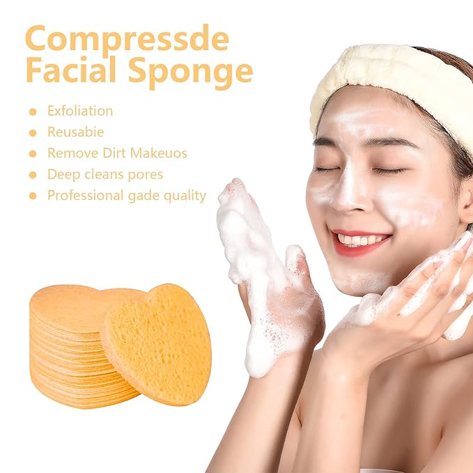 100-Count Compressed Facial Sponges for Estheticians Heart Shape Natural Cellulose Sponge Cosmetic Spa Sponges for Face Cleansing, Massage, Pore Exfoliating, Mask, Makeup Removal, Deep Yellow