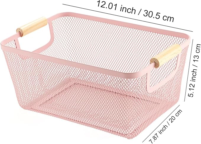 Metal Mesh Steel Basket, Medium Wire Storage Organizer Basket Multi-function Hanging Kitchen Basket with Wood Handle for Kitchen Bathroom Picnic Home, Rectangle-Pink