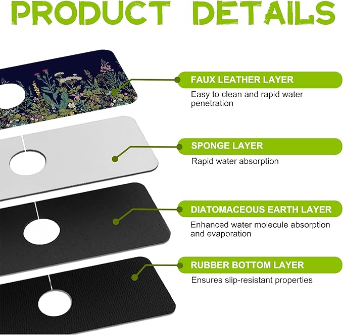 Kitchen Sink Splash Guard Faucet Mat Super Absorbent Fast Drying Mat Guard Behind Faucet Drip Catcher for Kitchen Bathroom (Colorful Herbs and Wild Flowers, 23.5"X5.5")