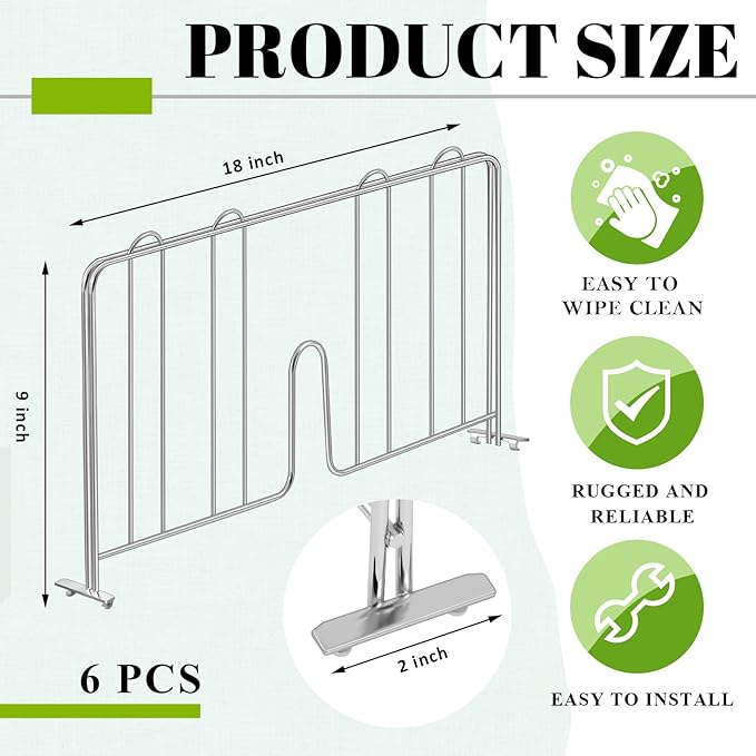 6 Pcs 18" W x 9" H Wire Shelf Divider Chrome Plated Steel Wire Rack Divider for Shelving Metal Accessories for Bathroom Kitchen Office Pantry Room Storage Organization, Silver