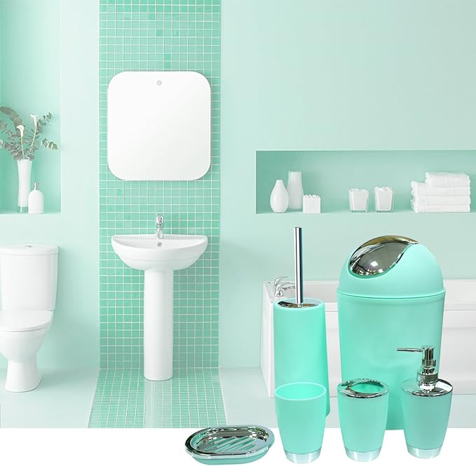 Bathroom Accessories Set, 6-Piece Plastic Gift Set, Toothbrush Holder, Toothbrush Cup, Soap Dispenser, Soap Dish, Toilet Brush Holder, Trash Can (Mint Green)