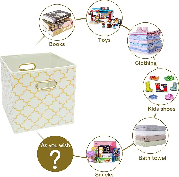 Fabric Cloth Storage Bins,Fabric Cube Organizer with Dual Handles Foldable Cube Storage Baskets for Home Bedroom Storage,Set of 3,(Creamy-White Gold)