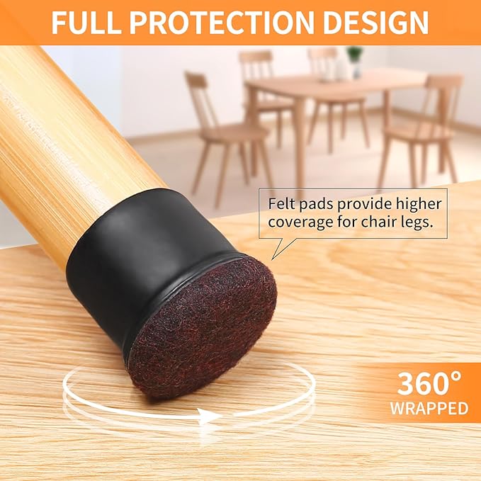 Ezprotekt 8 Pcs Extra Large Chair Leg Protectors with Felt, Silicone Felt Furniture Pads, Floor Protectors for Chair, Bar Stools Leg Protectors Caps, Table Leg Cups Covers (XL Fit: 1.4"-1.65", Black)