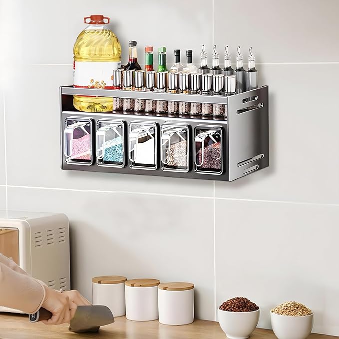 Kitchen Spice Rack, Kitchen Organizer and Storage Rack with 5 Spoons, Spice Organization for Cabinets Punch-free Wall/Countertop Home Decor Multifunctional Double Layer 5 Grid Condiment Rack, Gray